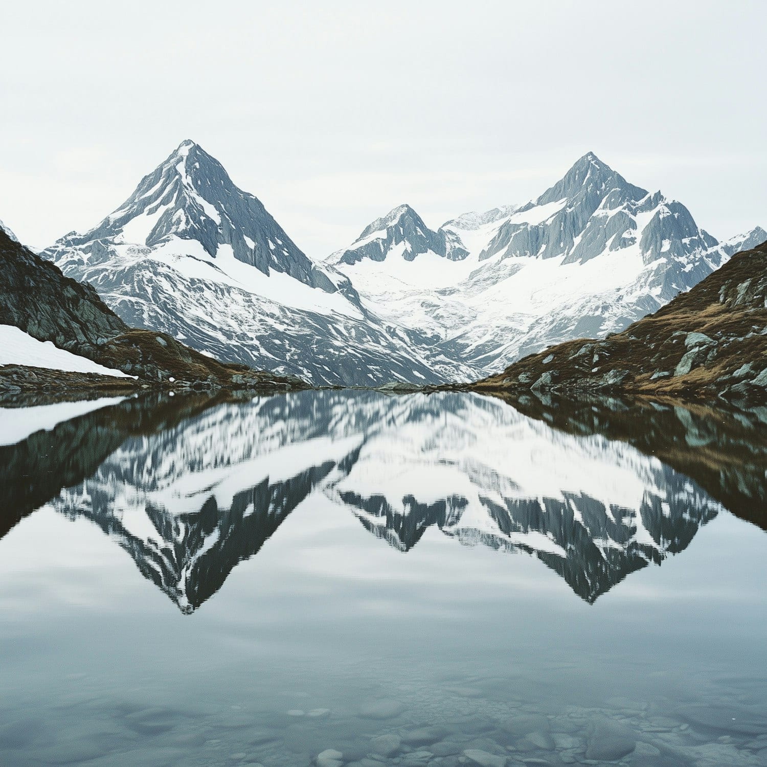 Snow capped alpine peaks mirrored in a still mountain lake
