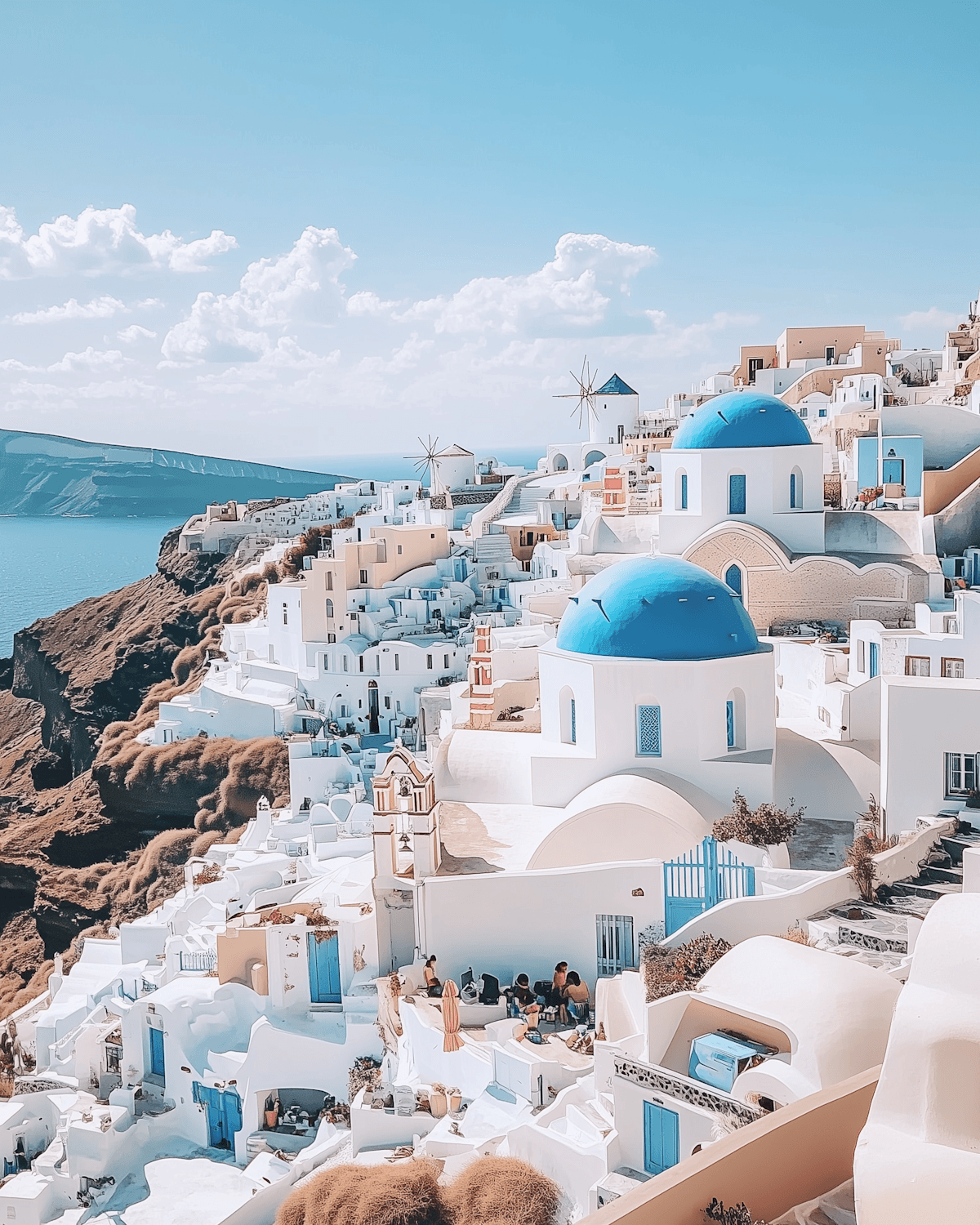 White houses and blue domed churches on the cliffs of Santorini above the Aegean Sea