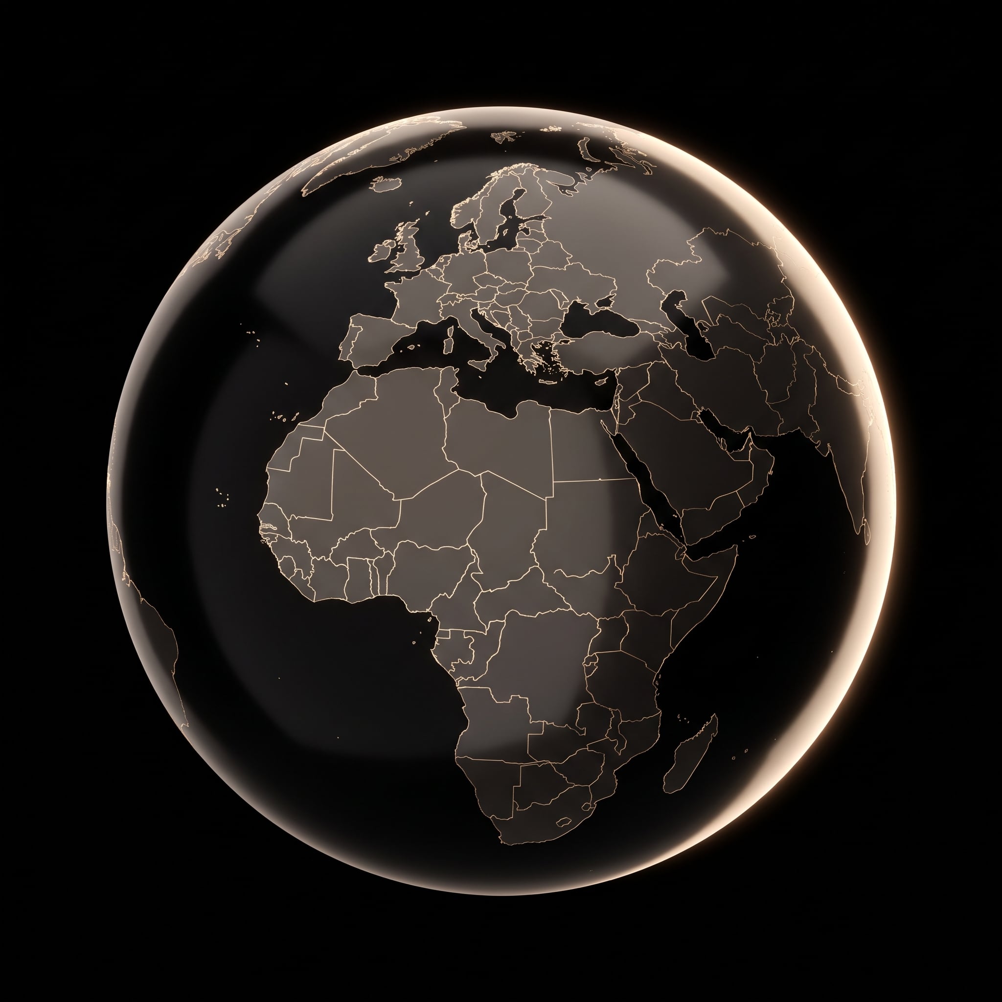 A dark globe centred on Europe, its borders traced in champagne gold