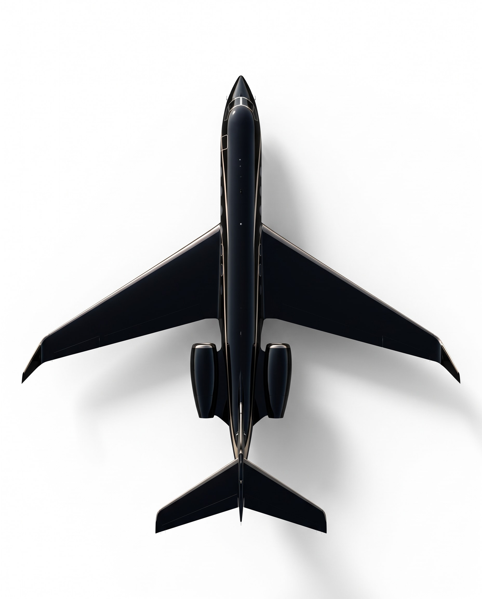 A black long range jet with a champagne line, seen from above